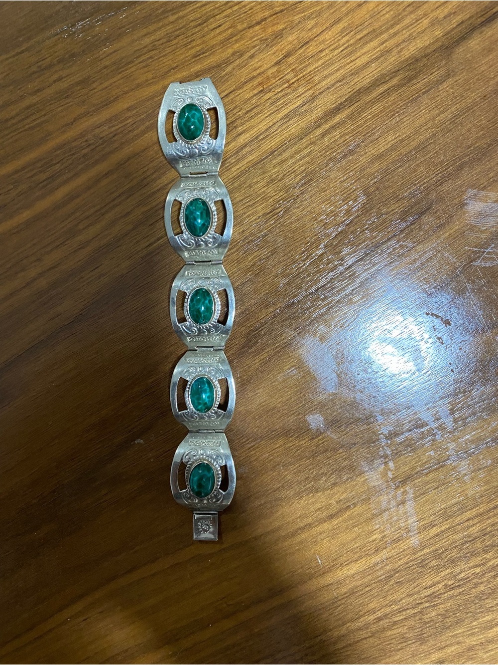 Green Stone Silver-Tone Link Bracelet